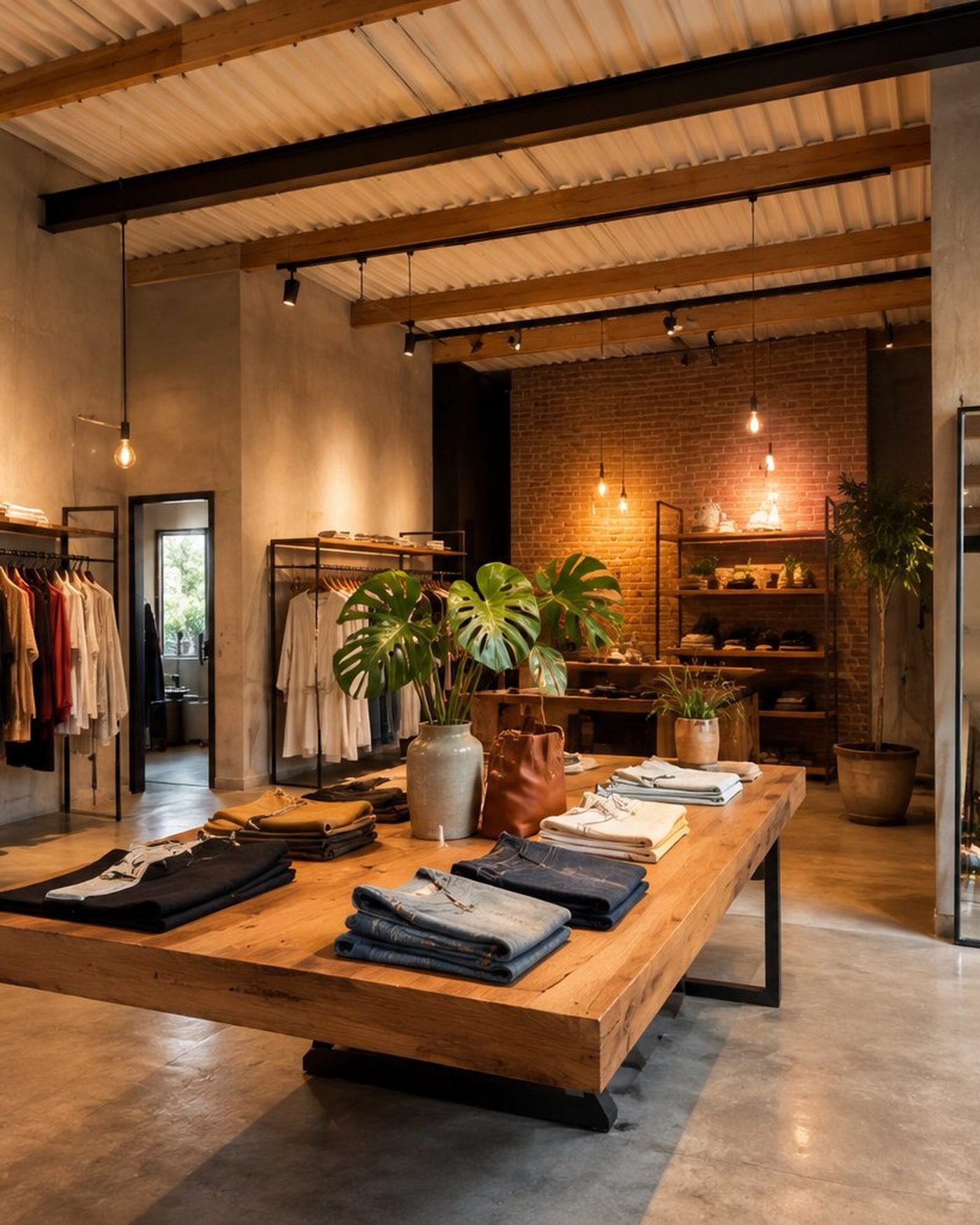 Interior cálido de un comercio con percheros de ropa, mesa de madera y plantas naturales
