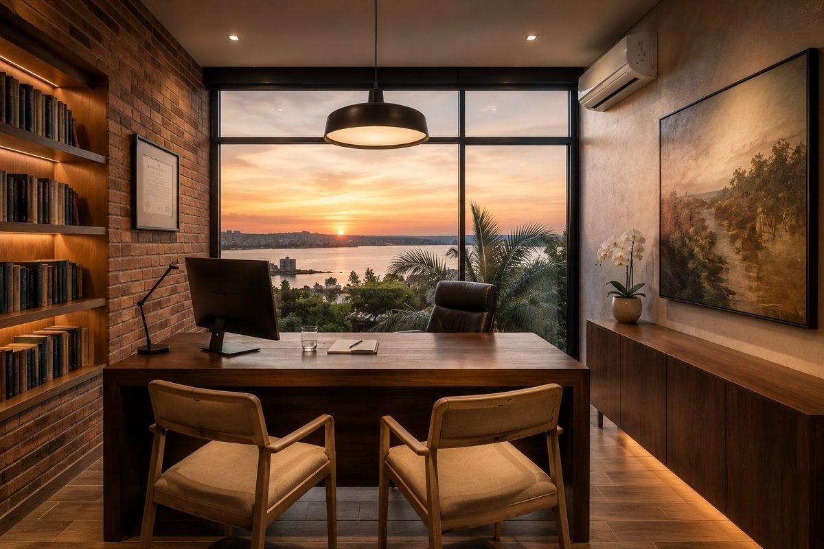 Despacho profesional con biblioteca, escritorio de madera y vista al atardecer sobre el río Paraná